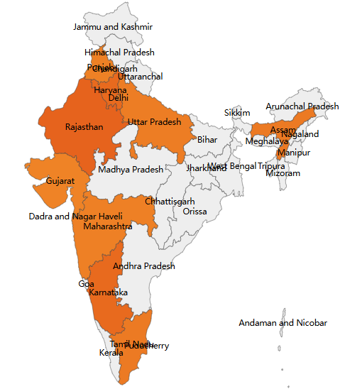 Map of India showing state-wise presence